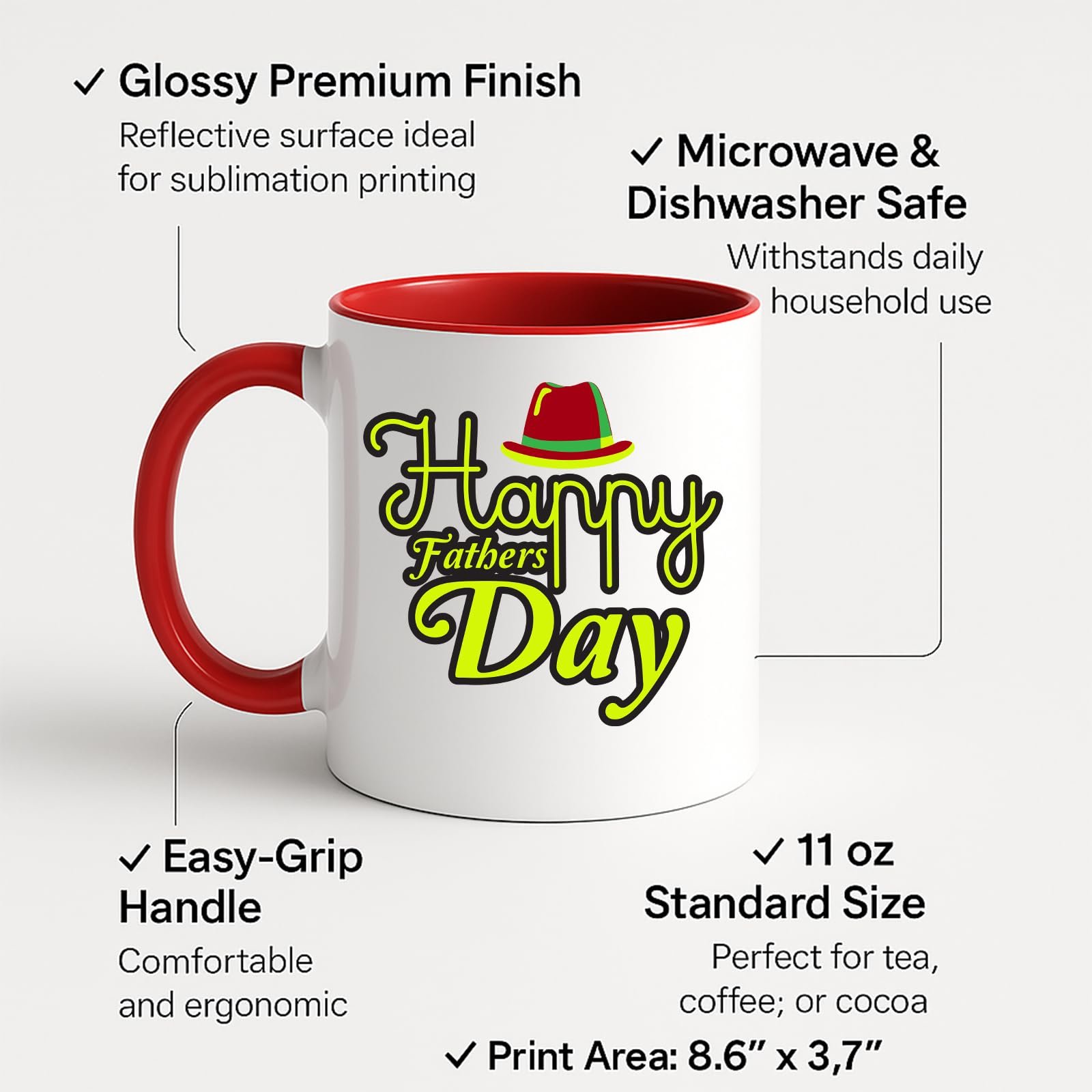 0187178f.jpg Colour handle mug with Happy Father's Day lettering and a red hat, labelled for 11oz size