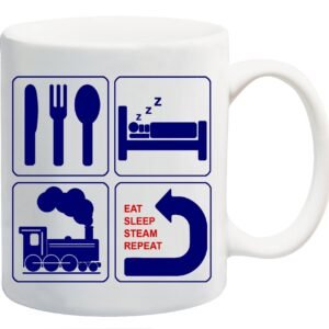 White mug with navy icons of cutlery, a bed, a steam train and a repeat arrow