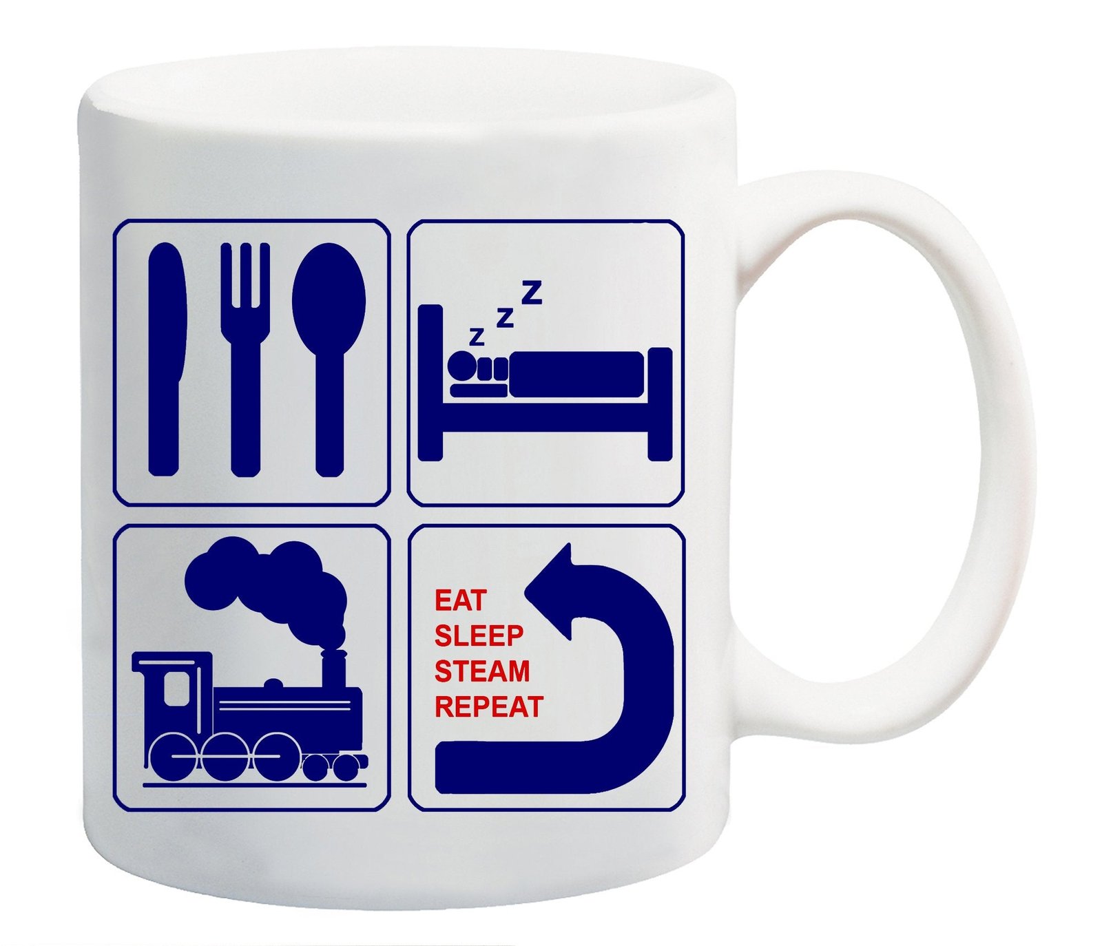 03335e22.jpg White mug with navy icons of cutlery, a bed, a steam train and a repeat arrow