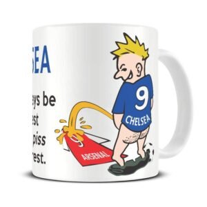 Wee On The Rival's Shirt mug – cartoon fan in a blue No. 9 shirt weeing on a red rival shirt