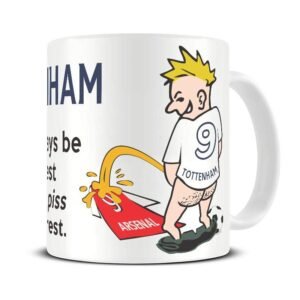Wee On The Rival's Shirt mug – cartoon fan in a white No. 9 shirt weeing on a red rival shirt