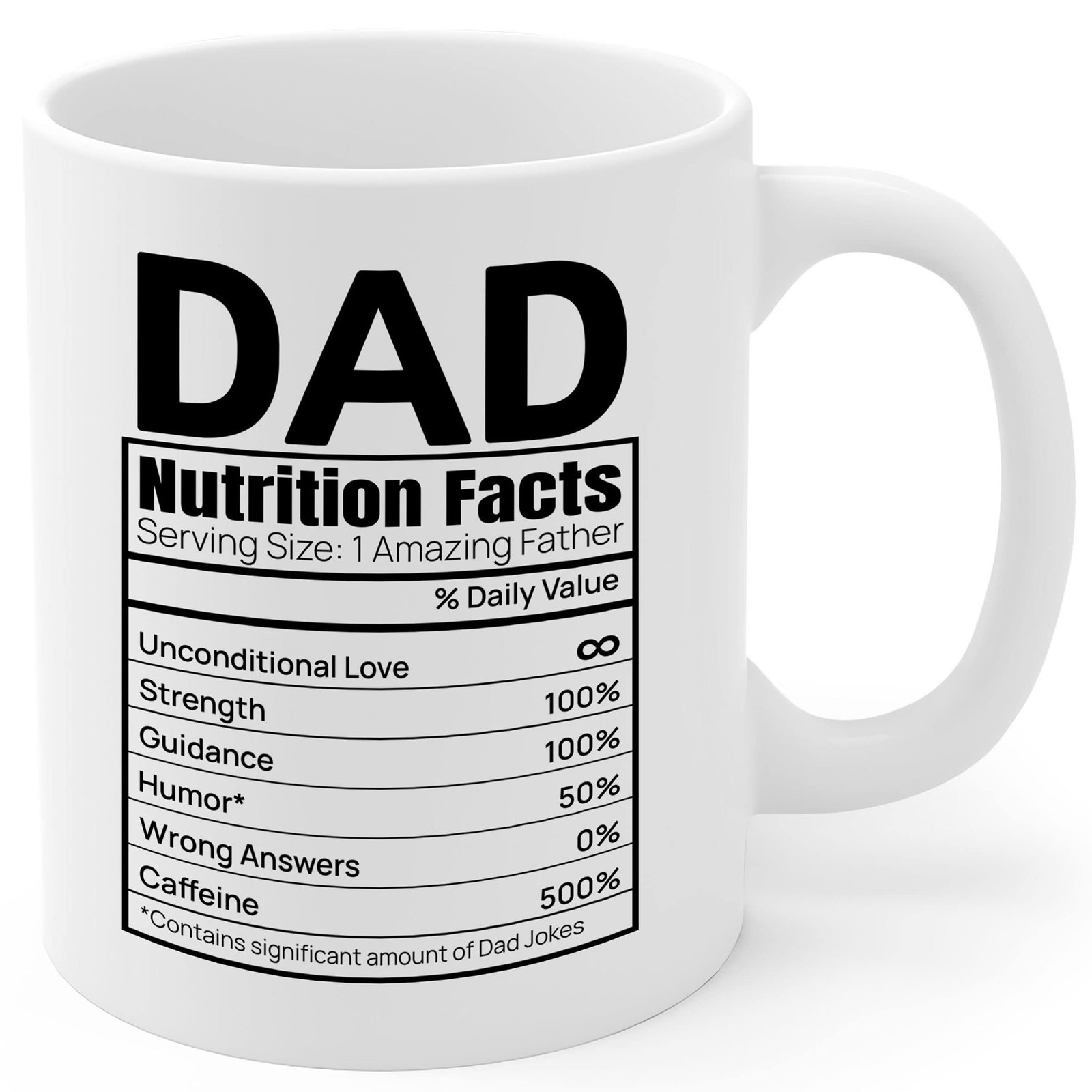 14e394ac 1.jpg White mug printed DAD Nutrition Facts like a food label