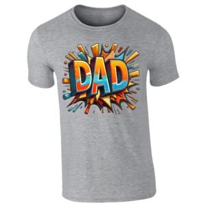 Heather grey men's T-shirt with bold comic-book “DAD” lettering with a colourful explosion