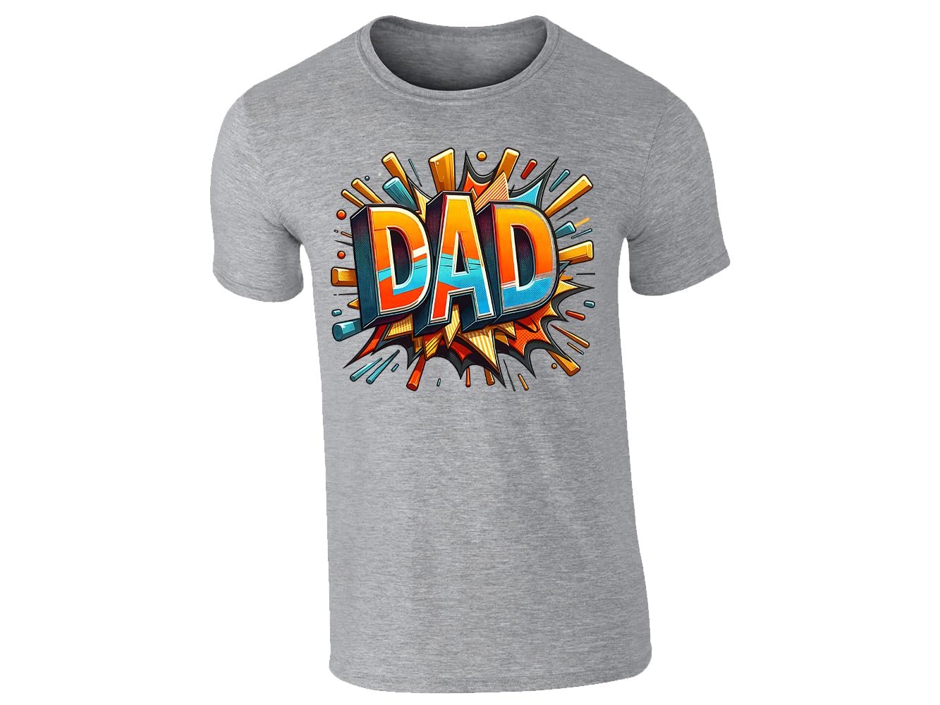 151472e6 7807bedb 8b62 45c6 8ba0 bd5f6ac4ec4a.jpg Heather grey men's T-shirt with bold comic-book “DAD” lettering with a colourful explosion