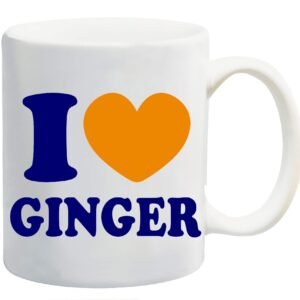 White mug printed “I ❤ GINGER” in navy with a orange heart