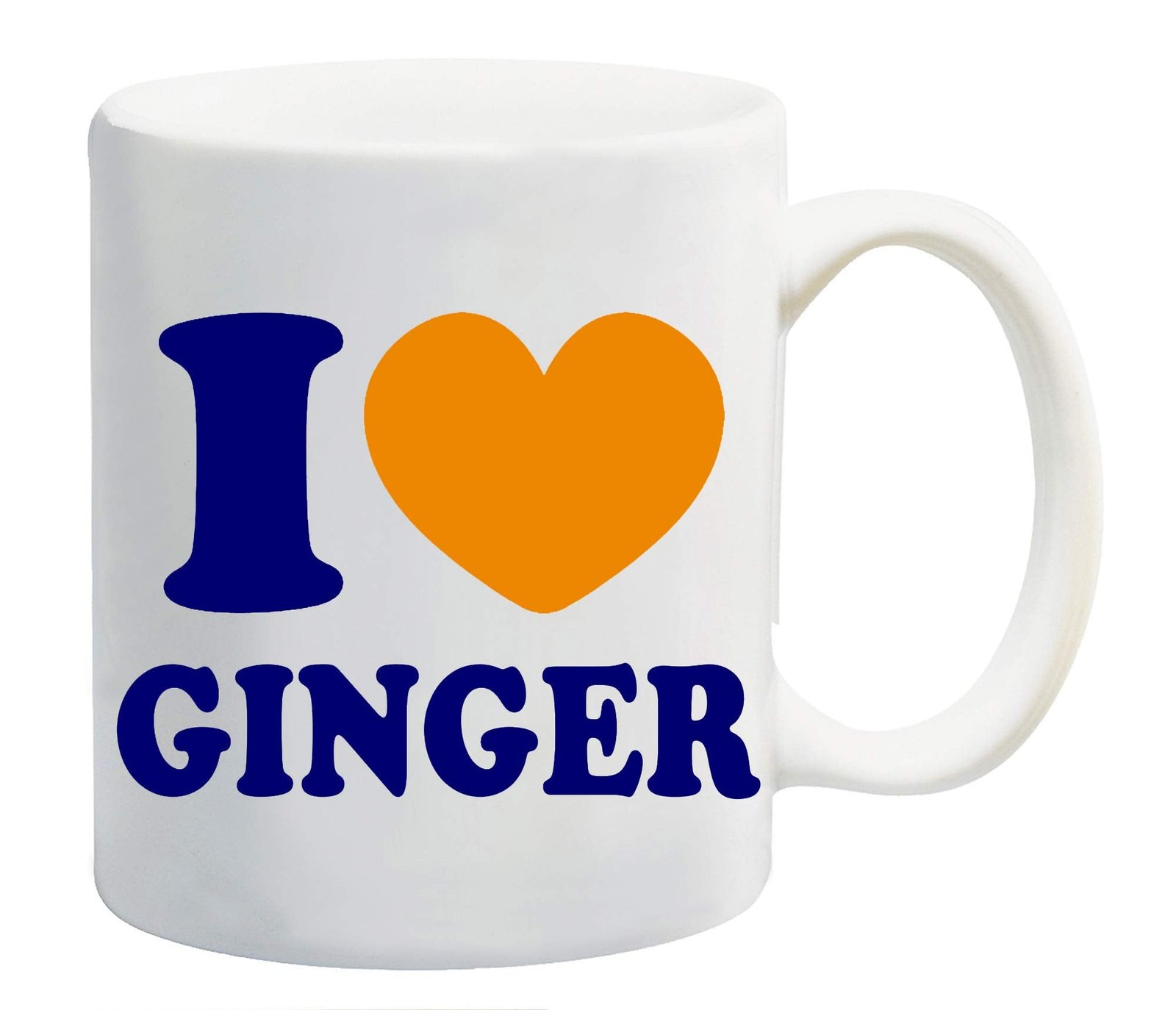 19d1bf1e.jpg White mug printed “I ❤ GINGER” in navy with a orange heart
