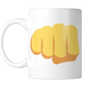 White mug with a big fist-bump emoji in bright yellow, handle on the left