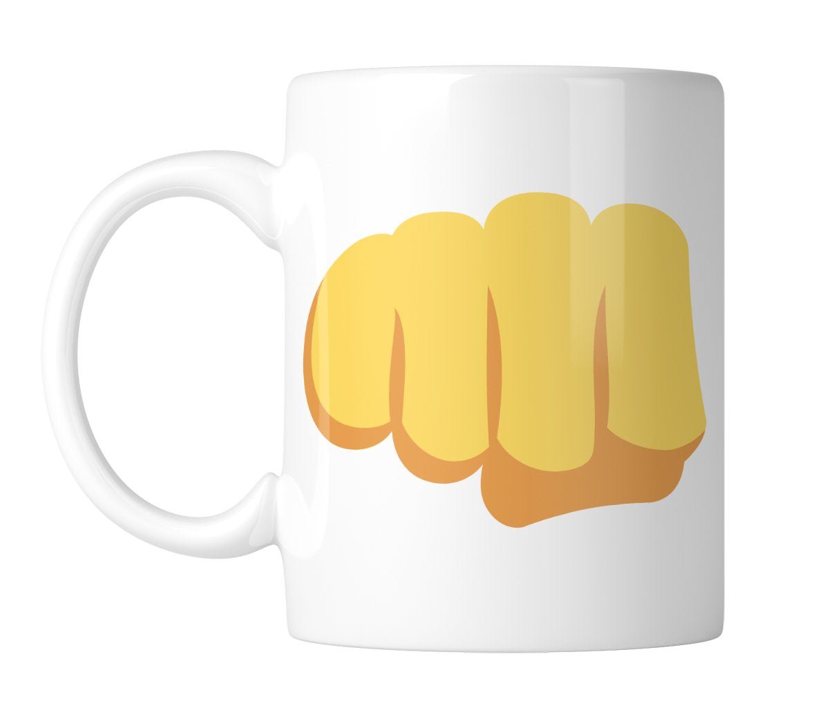 1e5dbb8a 1.jpg White mug with a big fist-bump emoji in bright yellow, handle on the left