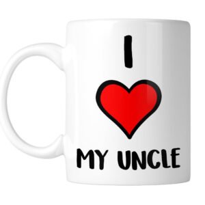 White mug with “I ❤ My Uncle” with a big red heart, handle on the left