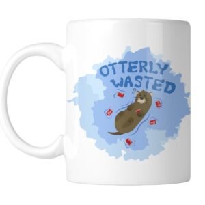 White mug with a dozy otter on a blue watercolour splash and “Otterly Wasted”, handle on the left