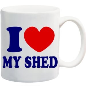 White mug printed “I ❤ MY SHED” in navy with a red heart