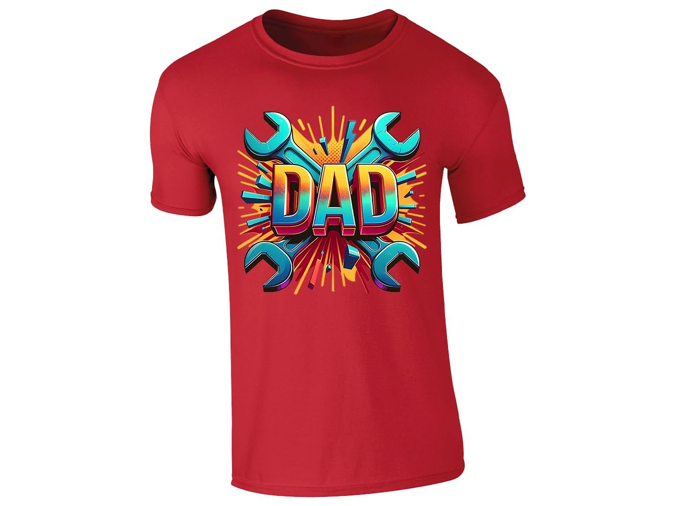 2c75e047 8a6dbf10 fbca 400c 897d 0e8ae59253c7.jpg Red men's T-shirt with bold “DAD” lettering with crossed spanners and a colourful burst