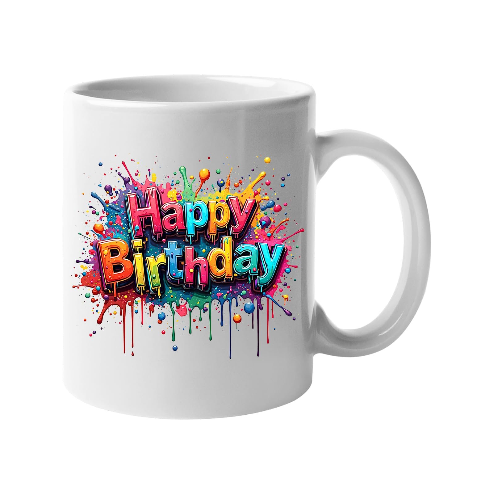 338c8d01.jpg White 11oz mug with rainbow graffiti “Happy Birthday” lettering with paint splashes