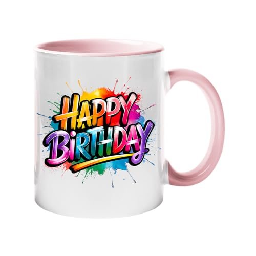 356ef948.jpg Colour handle mug with bold rainbow “Happy Birthday” lettering – light pink handle and inside
