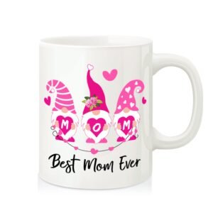 White mug with three pink gnomes and Best Mom Ever