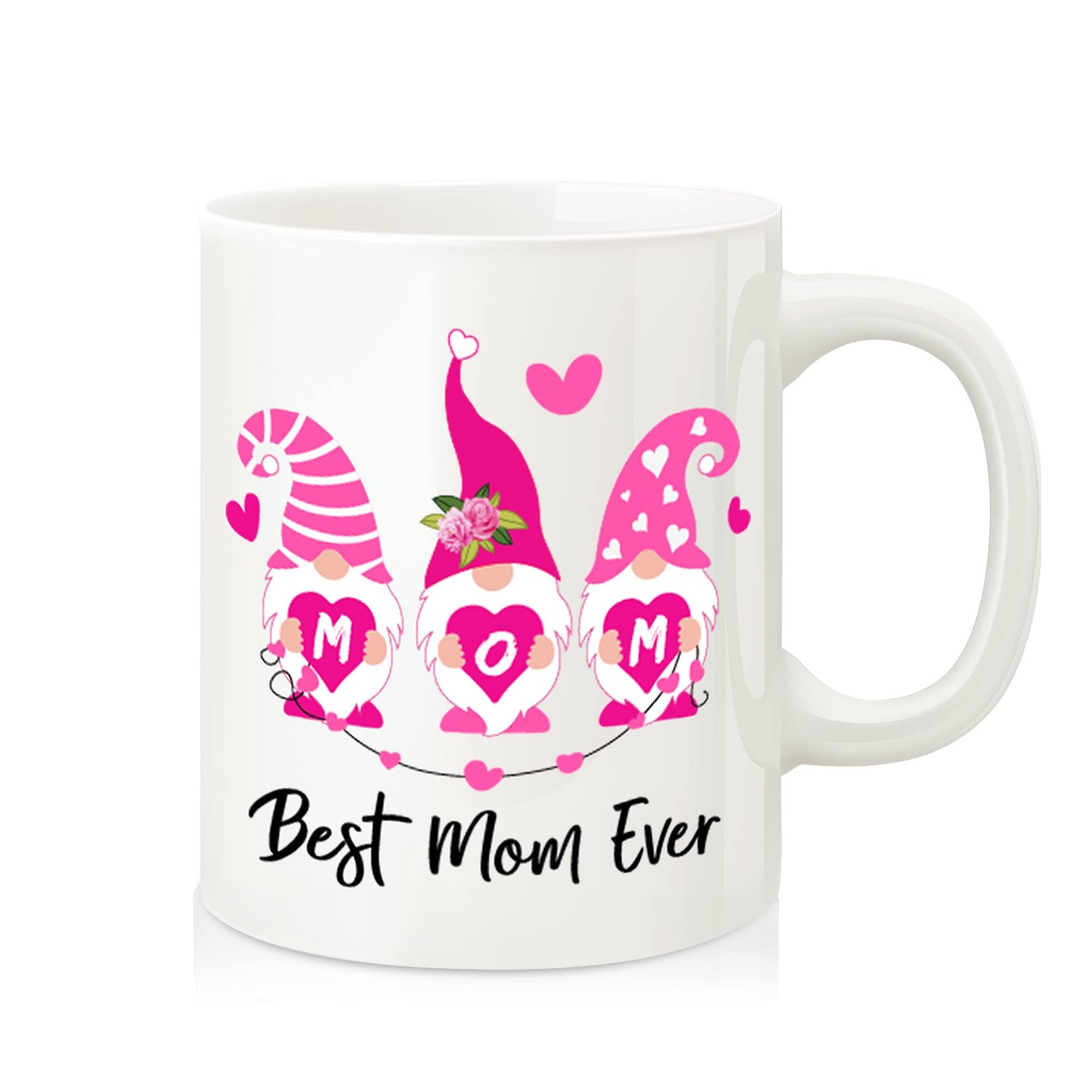 3afd570b.jpg White mug with three pink gnomes and Best Mom Ever