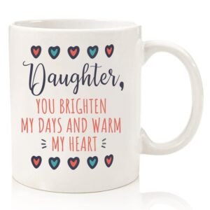 White mug printed Daughter you brighten my days and warm my heart with hearts