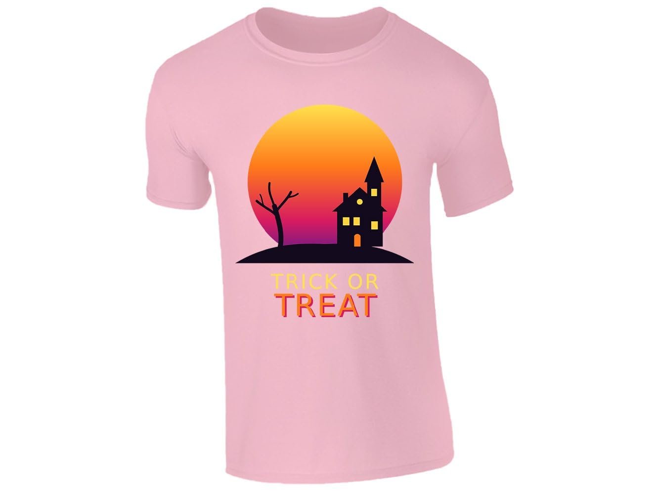 418z ph7tol.jpg Light Pink kids' T-shirt with “Trick or Treat” haunted house design