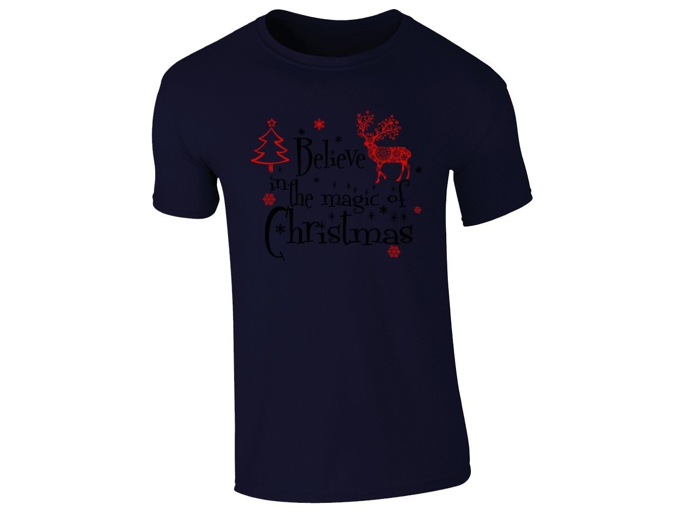 41sfa7fwtdl 982597dc ec62 4952 9127 a99bb8828800.jpg Navy men's T-shirt with a red reindeer, a Christmas tree and Believe in the Magic of Christmas