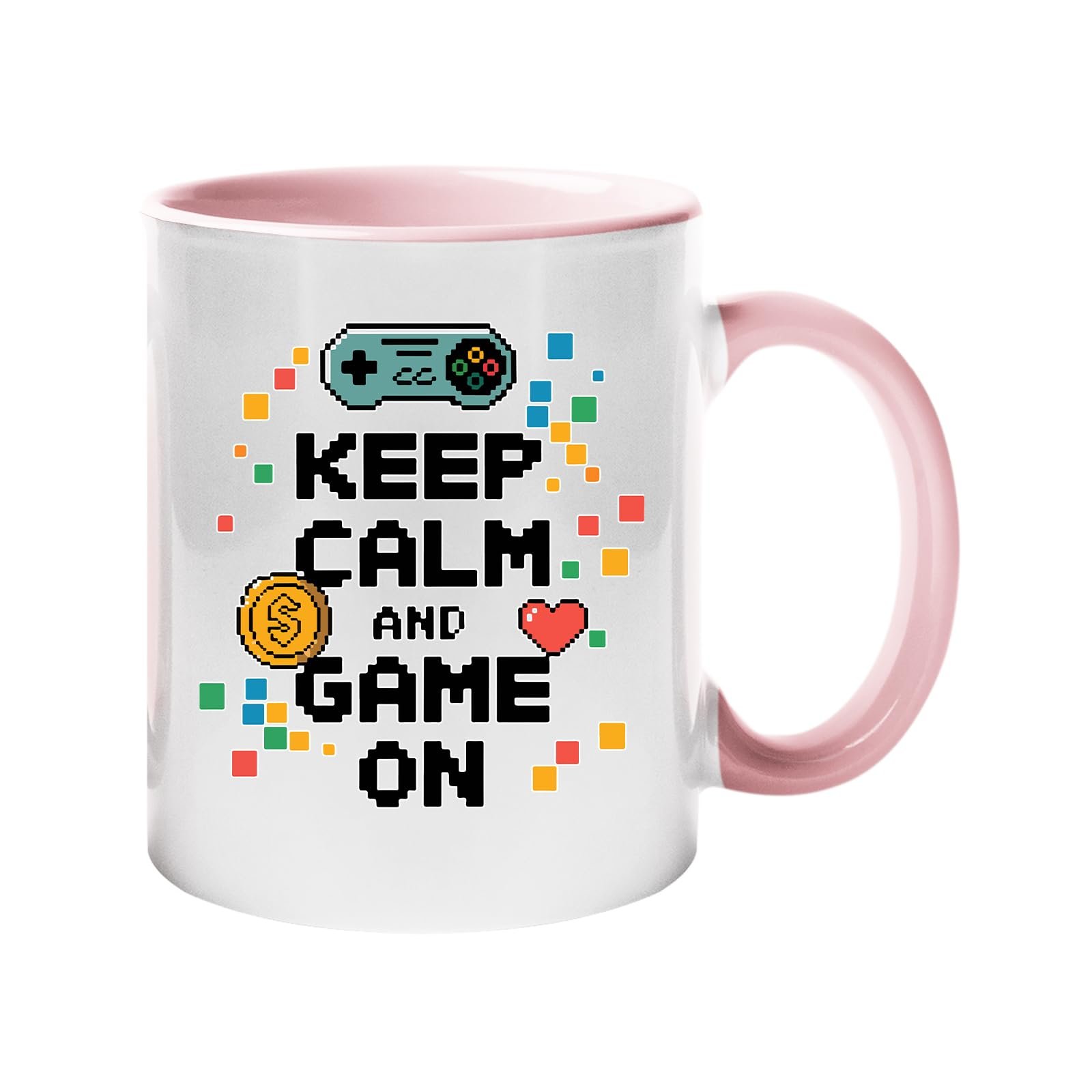 47510f63 9ad9bd57 fe58 4c1f b4e5 f618392159cc.jpg Colour handle mug with “Keep Calm and Game On” with a game controller – light pink handle and inside