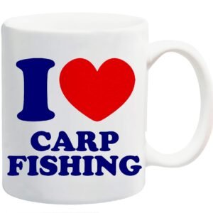 White mug printed “I ❤ CARP FISHING” in navy with a red heart