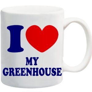 White mug printed “I ❤ MY GREENHOUSE” in navy with a red heart