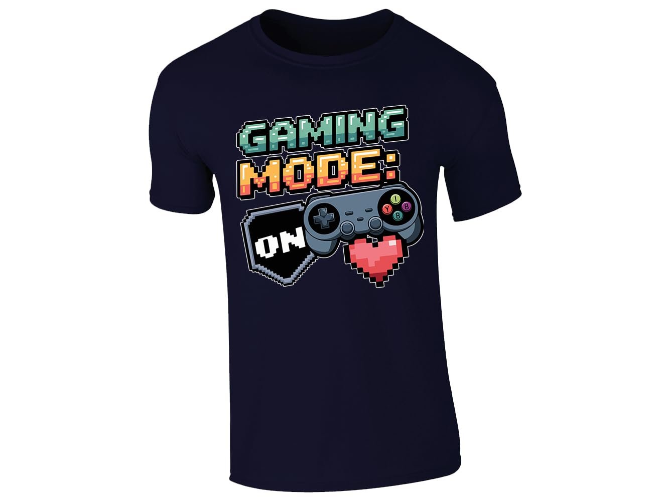 51 3tqgwall.jpg Navy men's T-shirt with “Gaming mode: ON” controller and pixel heart design