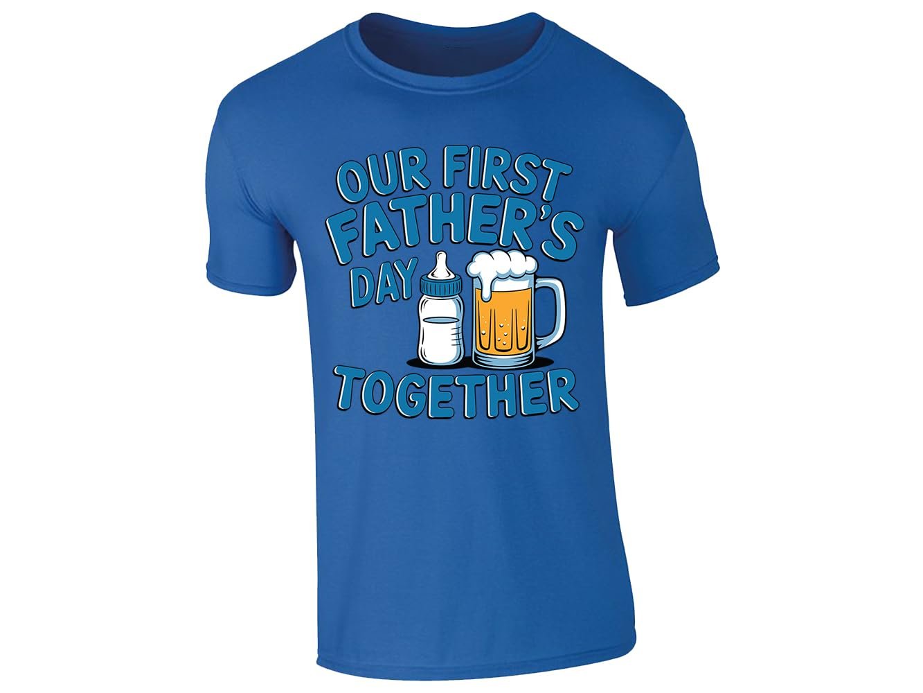 51 bbeuy8sl.jpg Royal Blue men's T-shirt with “Our first Father’s Day together” baby bottle and beer design