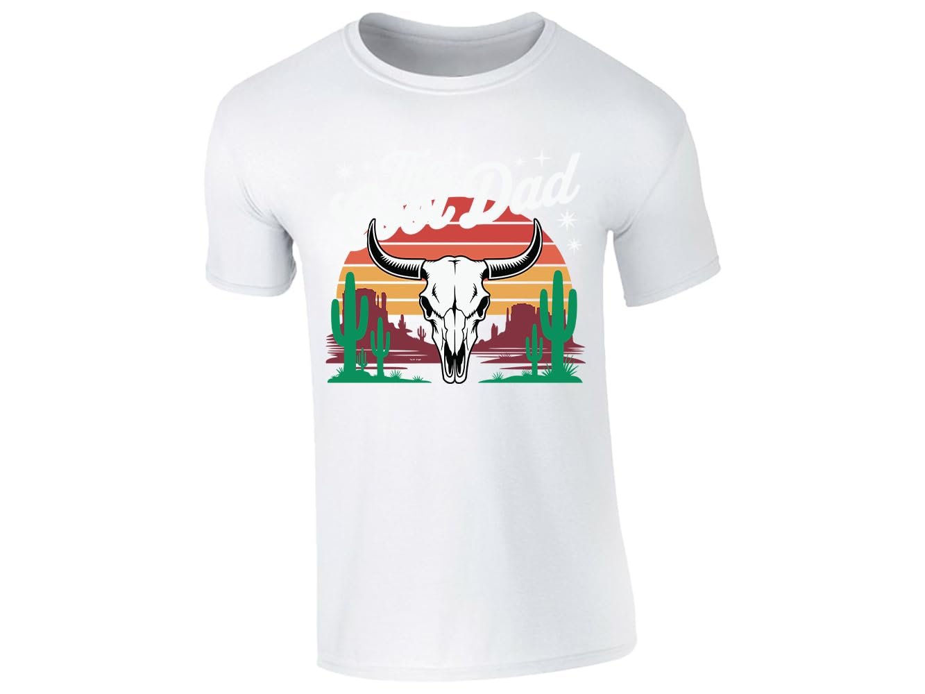51 yywmmqml.jpg White men's T-shirt with “The Cool Dad” bull skull desert design