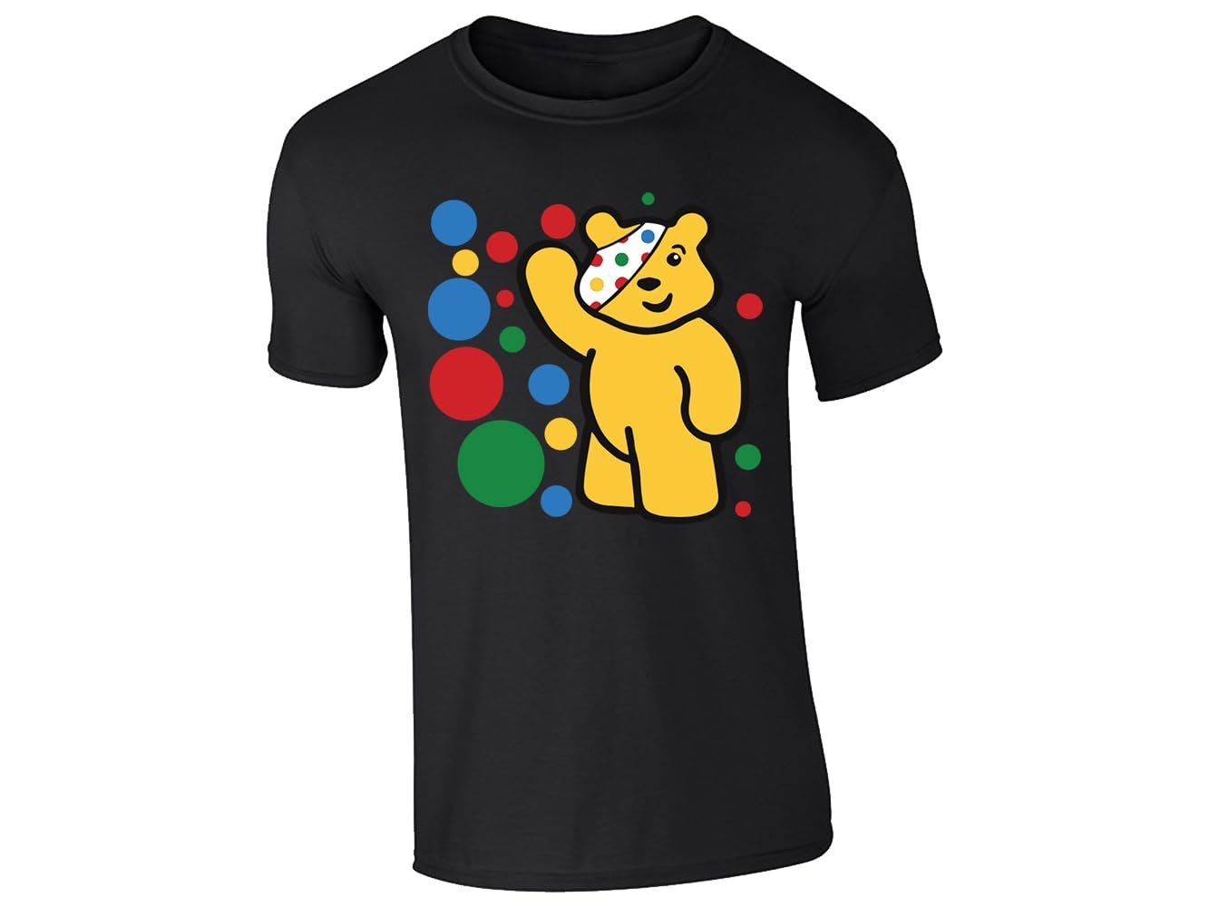 511cscaz3al.jpg Black kids' T-shirt with waving spotty bear with coloured dots design
