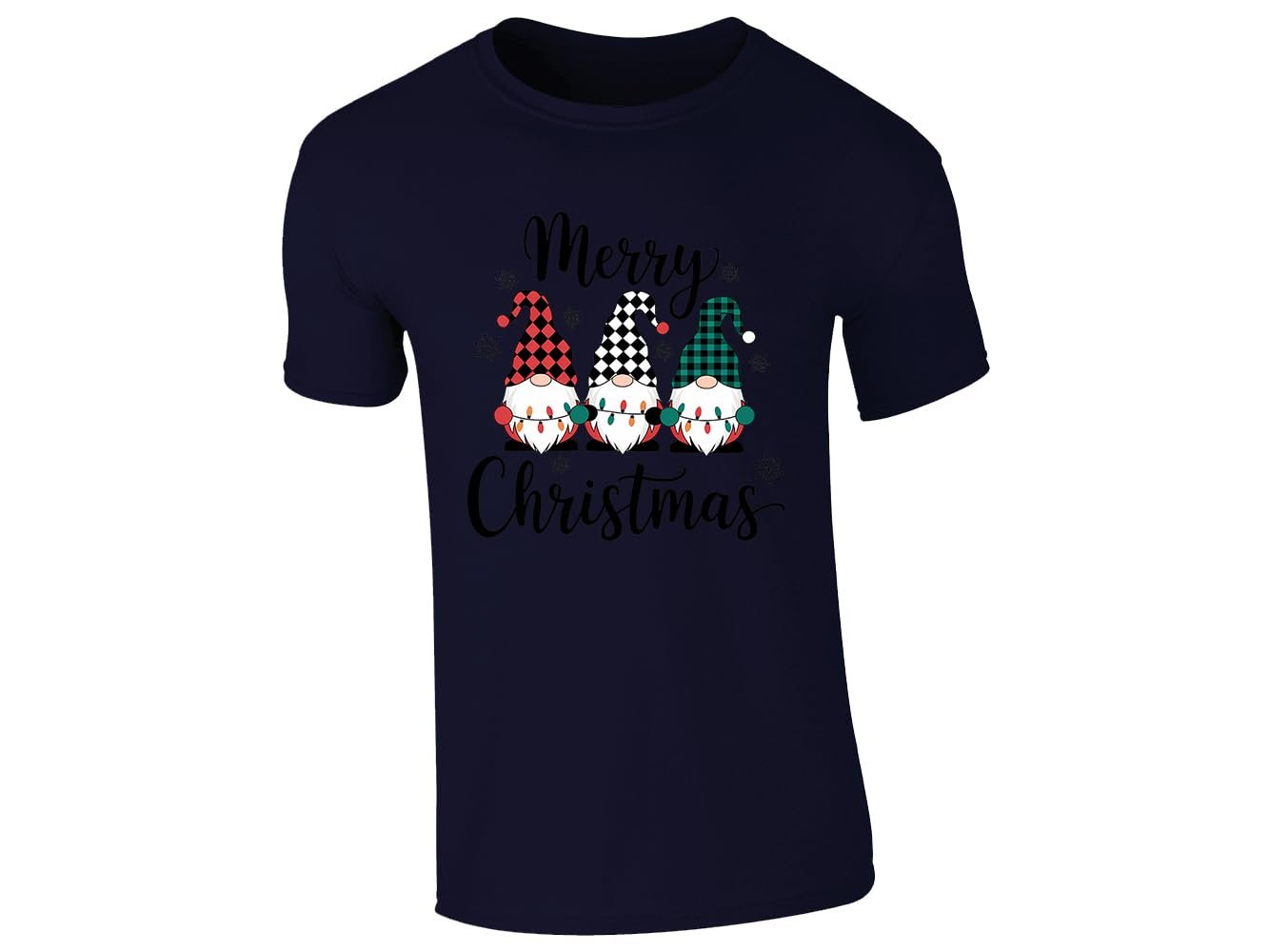 511knusb ol.jpg Navy men's T-shirt with “Merry Christmas” three gnomes in plaid hats design