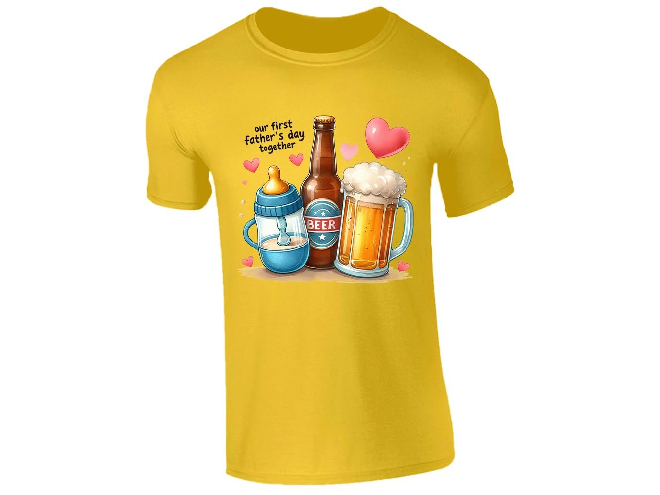 512tjscxsbl.jpg Yellow men's T-shirt with baby bottle, beer bottle and beer mug “Our first Father’s Day together” design