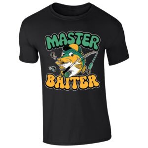 Black men's T-shirt with “Master Baiter” cartoon fish design