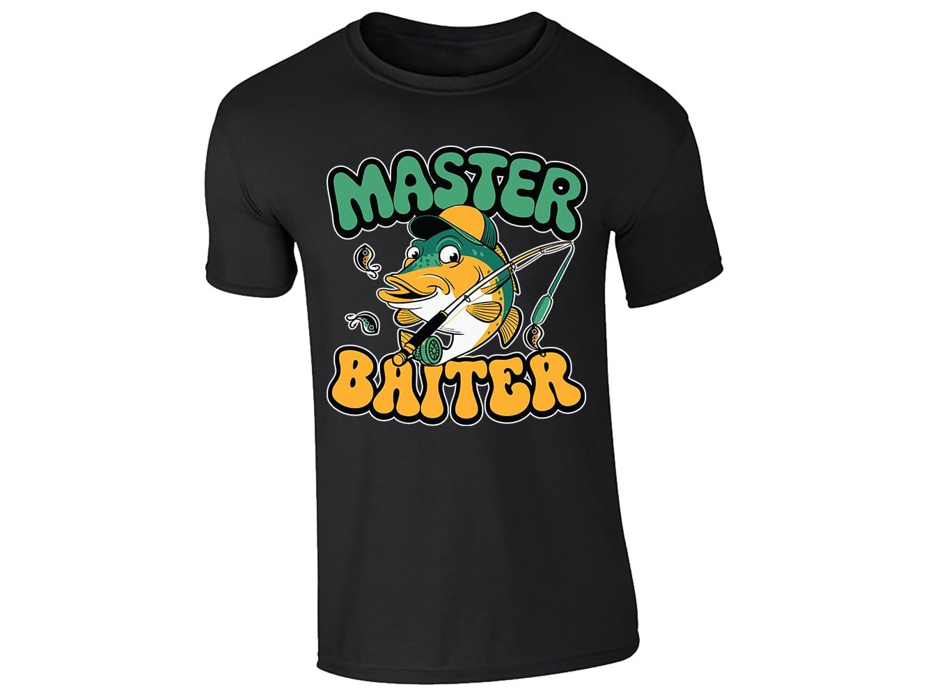 51354haqnpl.jpg Black men's T-shirt with “Master Baiter” cartoon fish design