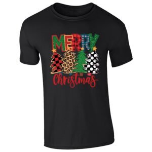 Black men's T-shirt with “Merry Christmas” plaid, leopard and polka-dot Christmas tree design