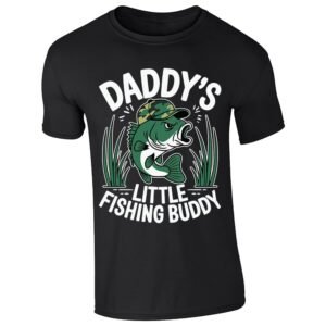 Black men's T-shirt with “Daddy’s little fishing buddy” bass in camo cap design