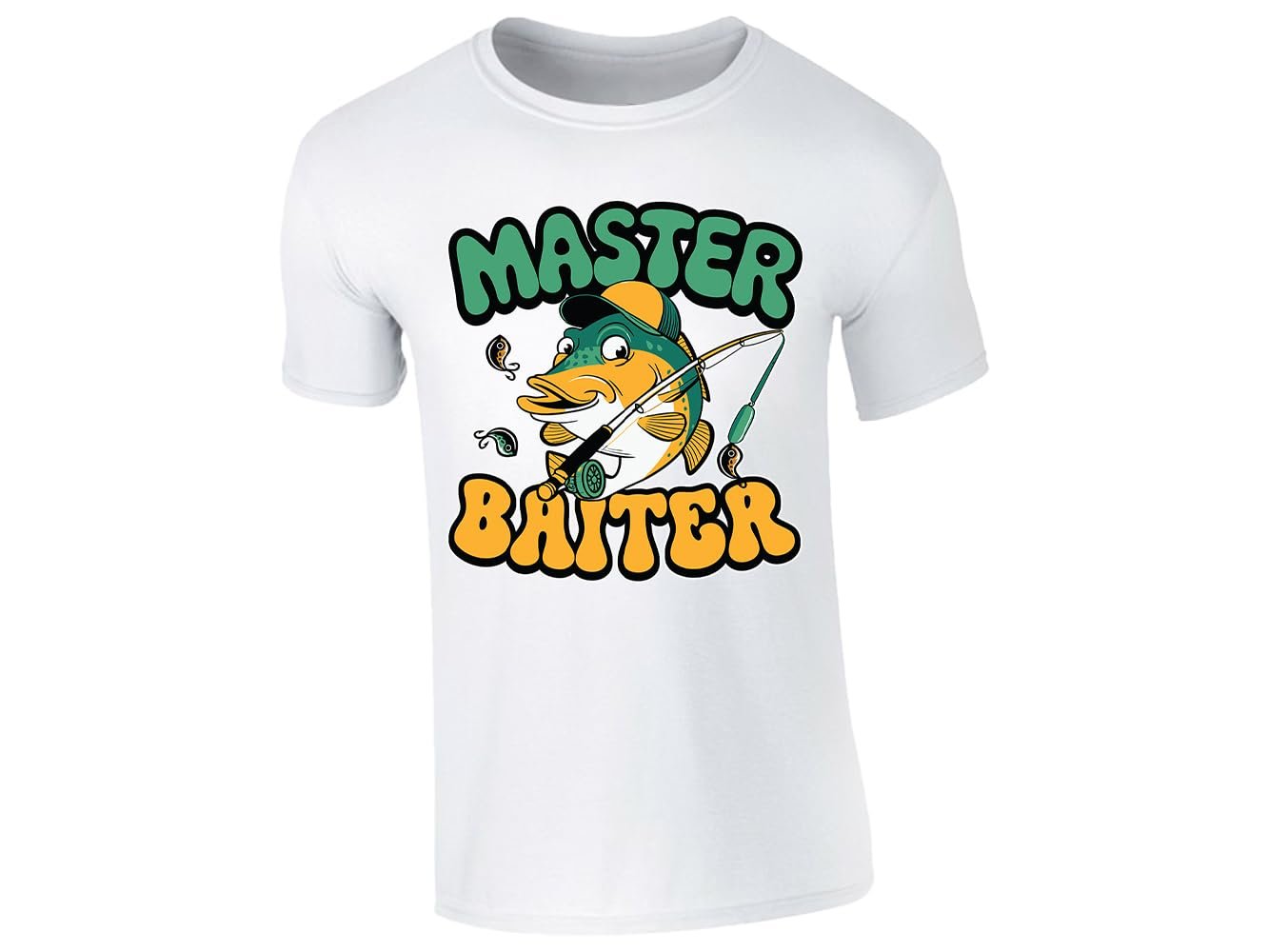 515c7ra615l.jpg White men's T-shirt with “Master Baiter” cartoon fish design