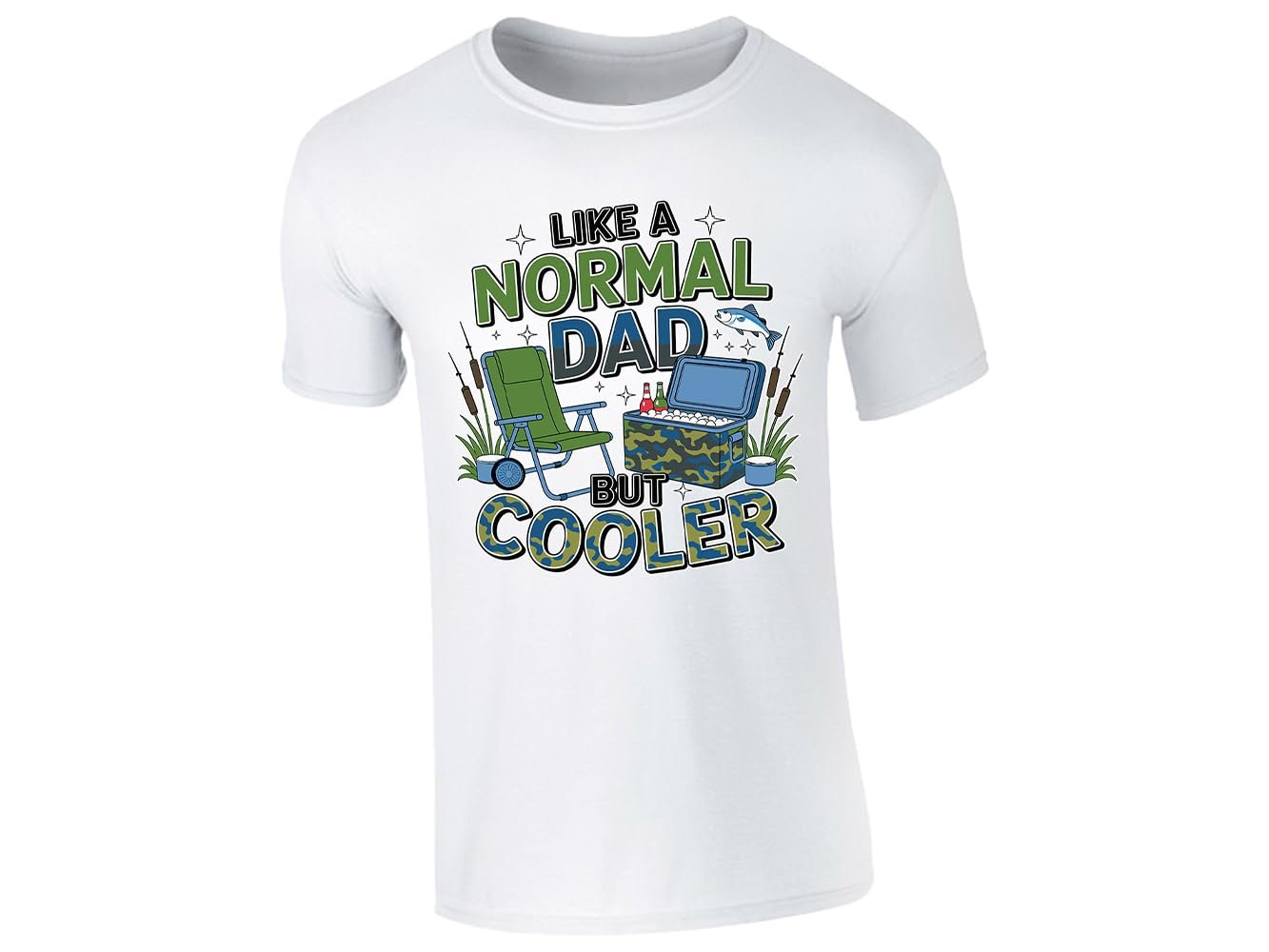 515iwj pefl.jpg White men's T-shirt with “Like a normal dad but cooler” camping chair and cool box design