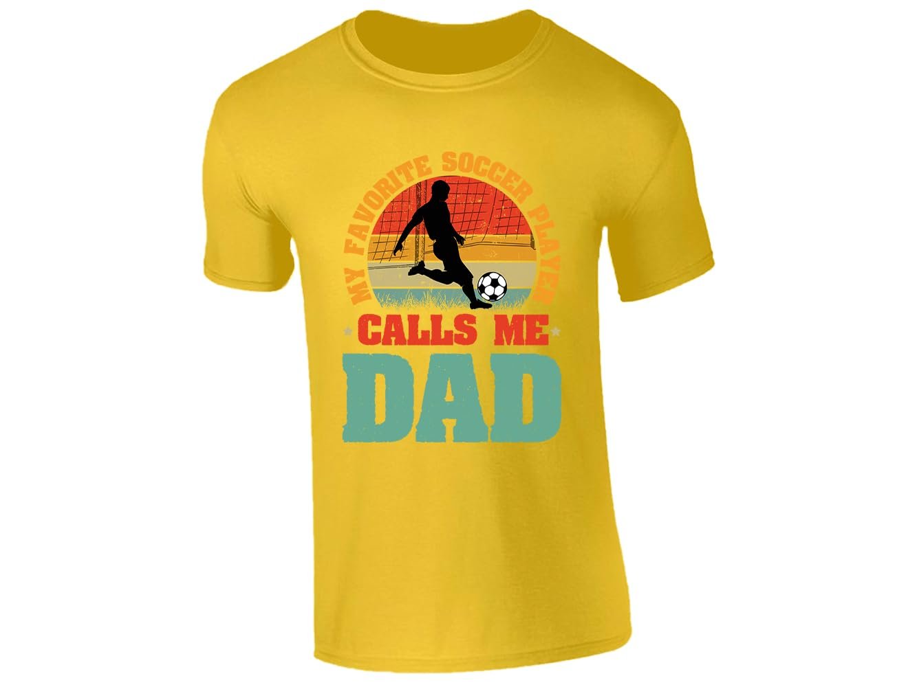 517z9eo79nl.jpg Yellow men's T-shirt with “My favorite soccer player calls me Dad” retro sunset design