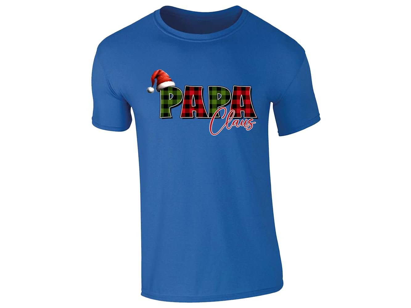 517jmiak gl.jpg Royal Blue men's T-shirt with “Papa Claus” plaid Santa hat design