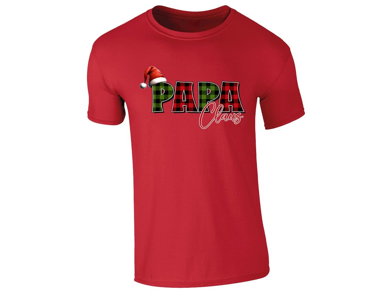5183nmu g6l.jpg Red men's T-shirt with “Papa Claus” plaid Santa hat design