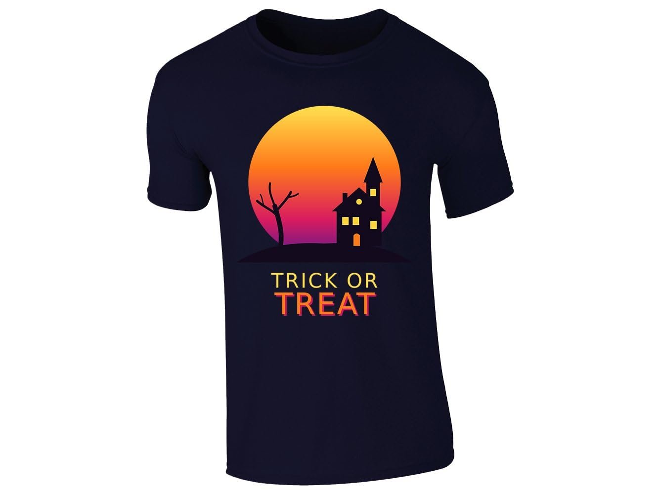 518wngp 1vl.jpg Navy men's T-shirt with “Trick or Treat” haunted house design