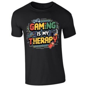 Black kids' T-shirt with “Gaming is my therapy” design