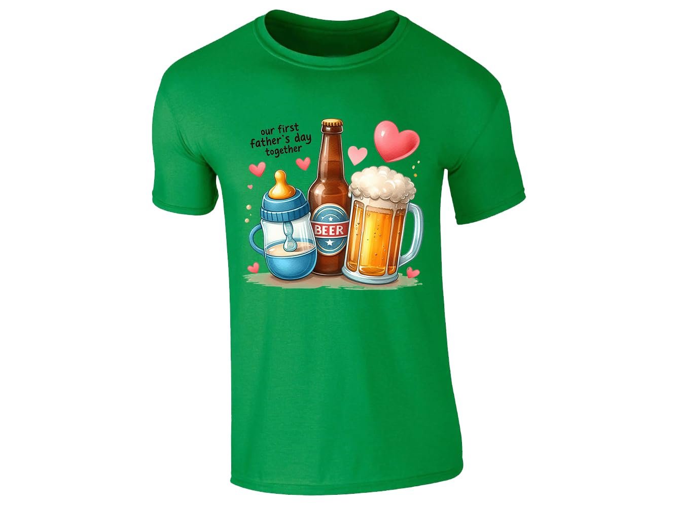 519yylxfnml.jpg Irish Green men's T-shirt with baby bottle, beer bottle and beer mug “Our first Father’s Day together” design