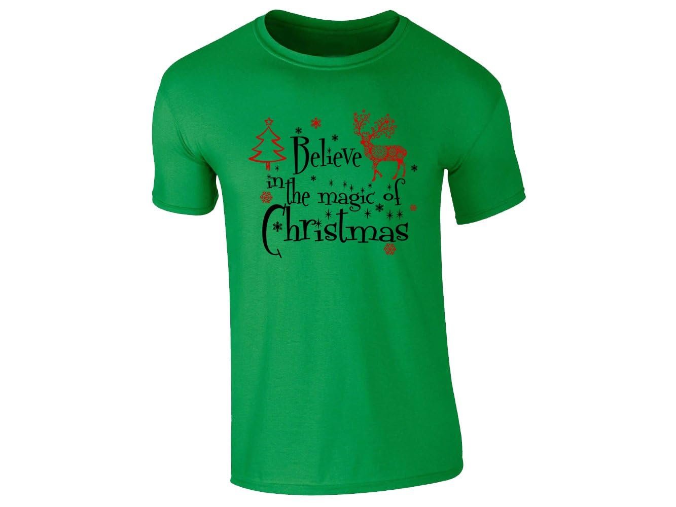51au6 huxxl f2ced637 aeca 4a00 88da cfda41e3cbfb.jpg Irish green men's T-shirt with a red reindeer, a Christmas tree and Believe in the Magic of Christmas