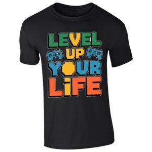 Black men's T-shirt with “Level up your life” controller design