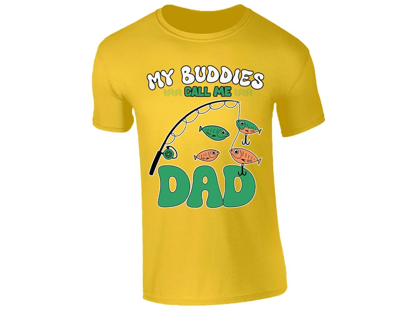 51b6prpnell.jpg Yellow men's T-shirt with “My buddies call me Dad” fishing rod design