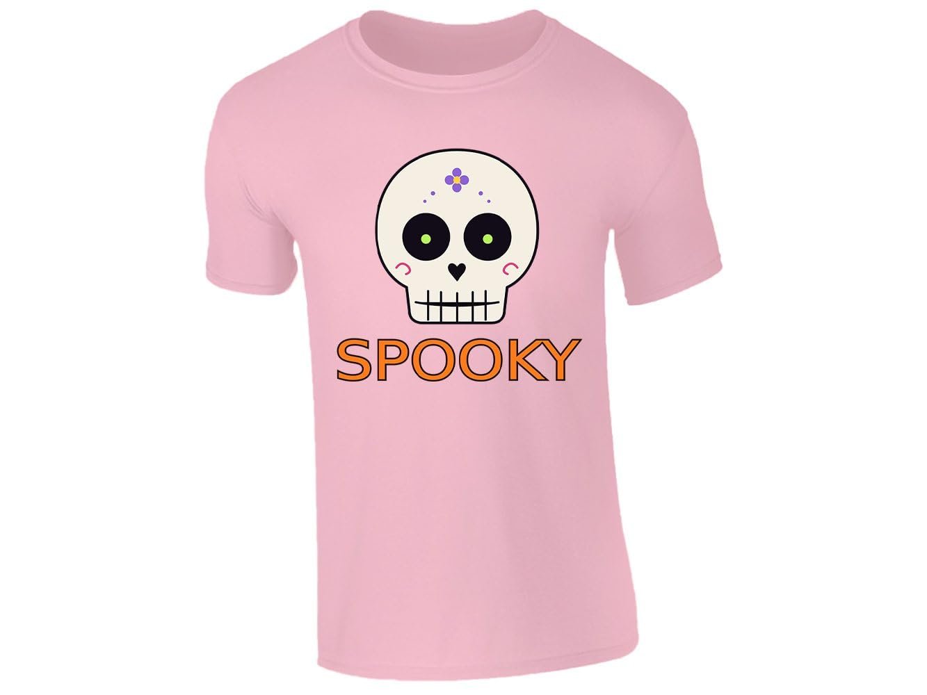 51bsa4cx8nl.jpg Light Pink kids' T-shirt with “Spooky” sugar skull design