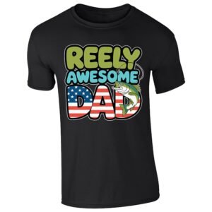 Black men's T-shirt with “Reely Awesome Dad” stars and stripes fish design
