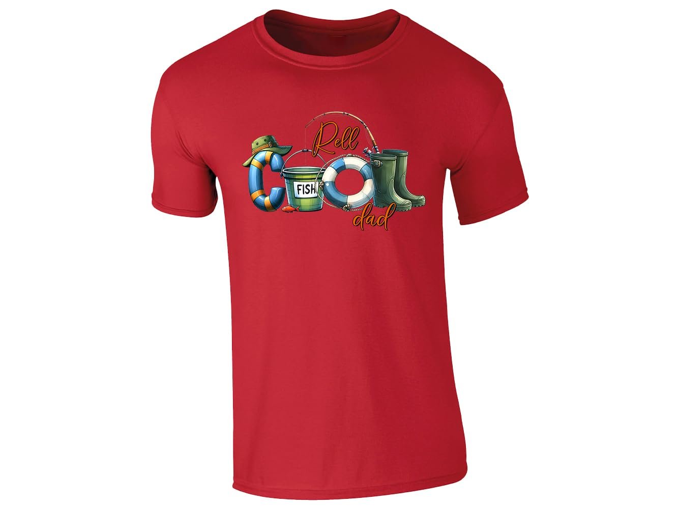 51chwy9 hul.jpg Red men's T-shirt with “Reel Cool Dad” fishing kit design